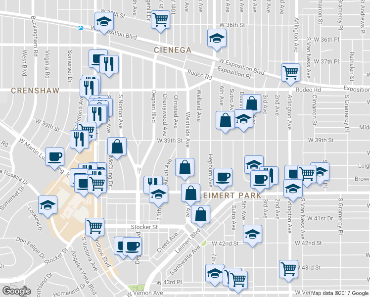 map of restaurants, bars, coffee shops, grocery stores, and more near 3917 Westside Avenue in Los Angeles
