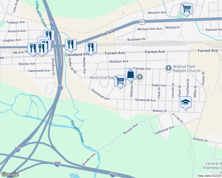 map of restaurants, bars, coffee shops, grocery stores, and more near 423 Madison Circle in Gadsden