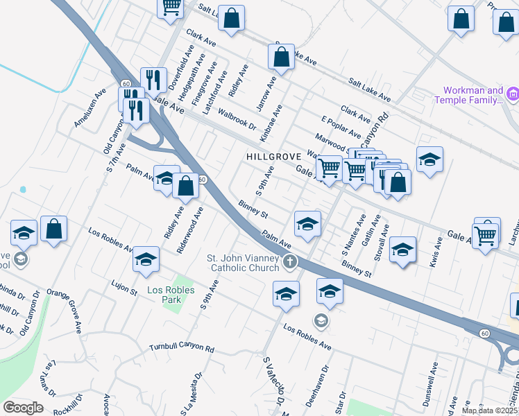 map of restaurants, bars, coffee shops, grocery stores, and more near 15009 Binney Street in Hacienda Heights