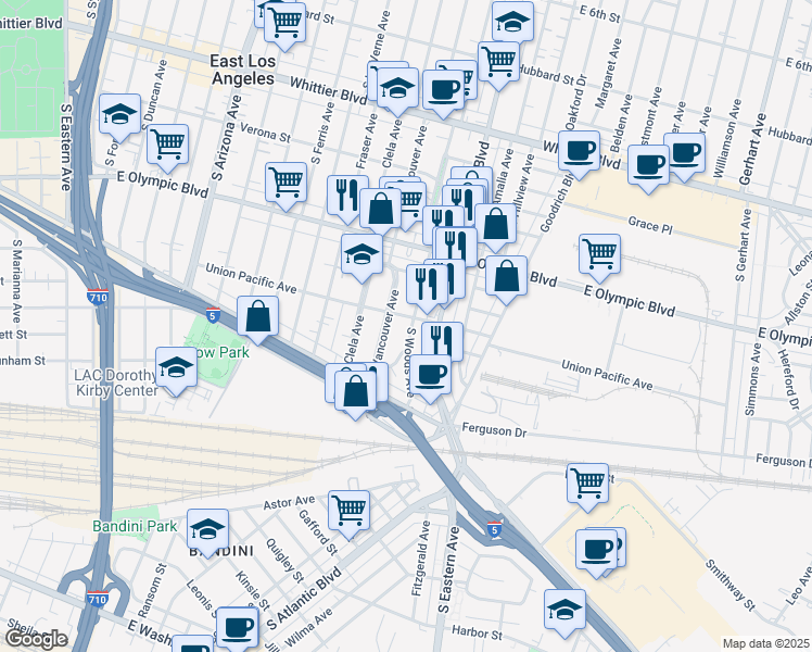 map of restaurants, bars, coffee shops, grocery stores, and more near 1309 South Woods Avenue in East Los Angeles