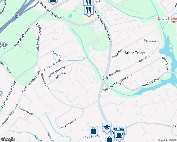 map of restaurants, bars, coffee shops, grocery stores, and more near 545 Fosters Mill Lane Northwest in Suwanee