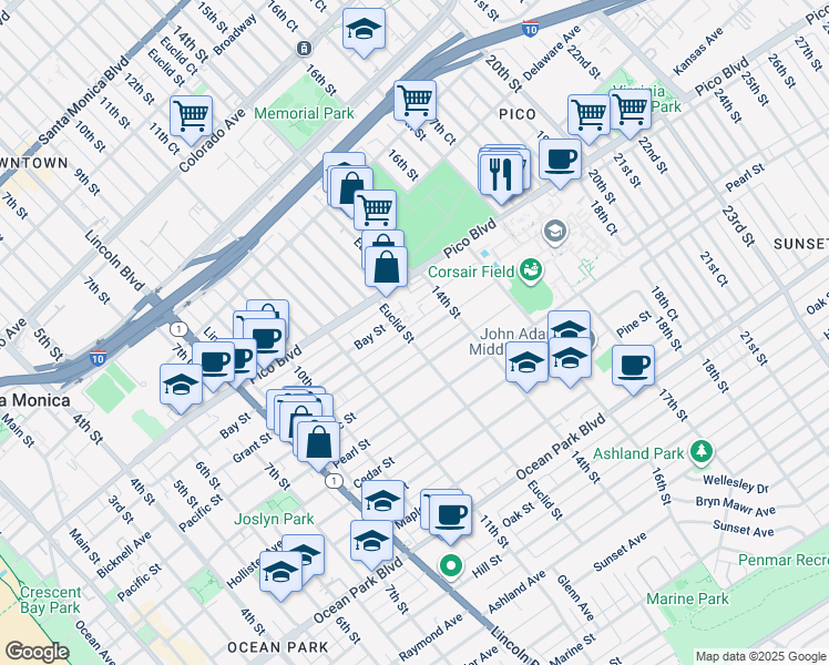 map of restaurants, bars, coffee shops, grocery stores, and more near 1305 Grant Street in Santa Monica