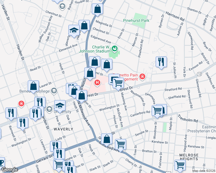 map of restaurants, bars, coffee shops, grocery stores, and more near 2451 Forest Drive in Columbia