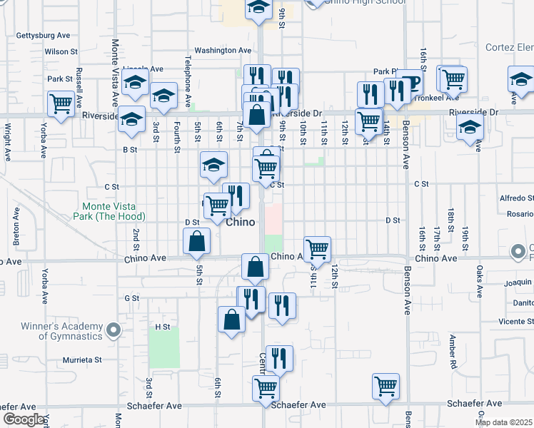 map of restaurants, bars, coffee shops, grocery stores, and more near 13193 Central Avenue in Chino