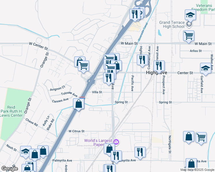 map of restaurants, bars, coffee shops, grocery stores, and more near 407 Iowa Avenue in Riverside