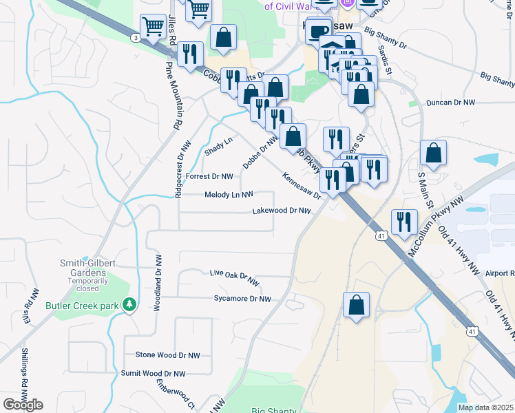 map of restaurants, bars, coffee shops, grocery stores, and more near 2352 Lakewood Drive Northwest in Kennesaw