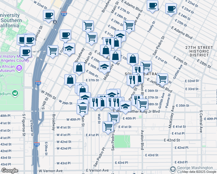 map of restaurants, bars, coffee shops, grocery stores, and more near 3728 Wall Street in Los Angeles