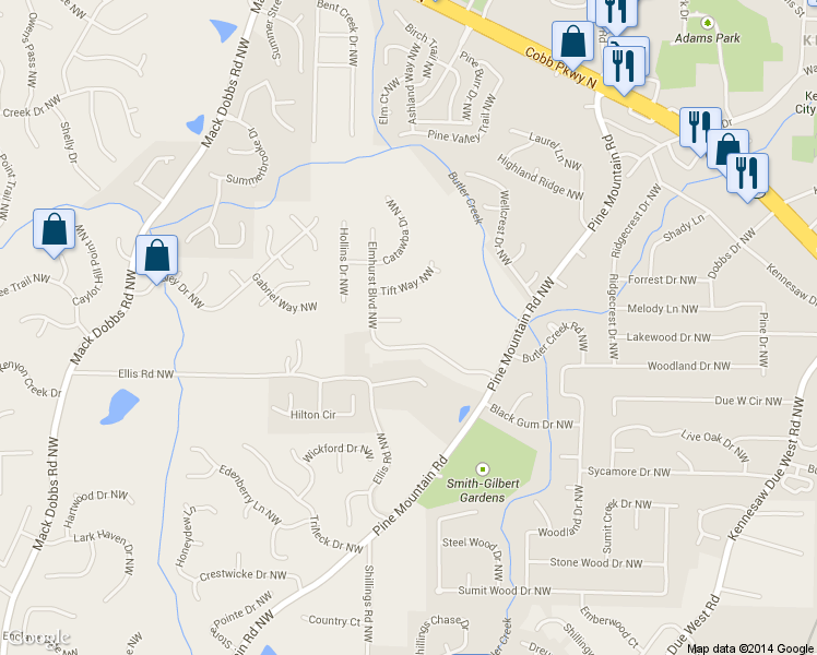 map of restaurants, bars, coffee shops, grocery stores, and more near 2692 Elmhurst Ct NW in Kennesaw
