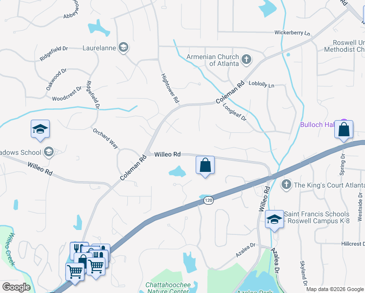 map of restaurants, bars, coffee shops, grocery stores, and more near 665 Willeo Road in Roswell