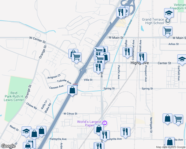 map of restaurants, bars, coffee shops, grocery stores, and more near 422 Devener Street in Riverside