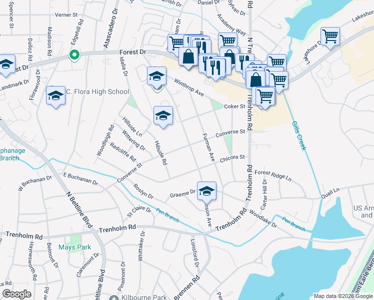 map of restaurants, bars, coffee shops, grocery stores, and more near 4931 Clemson Avenue in Columbia
