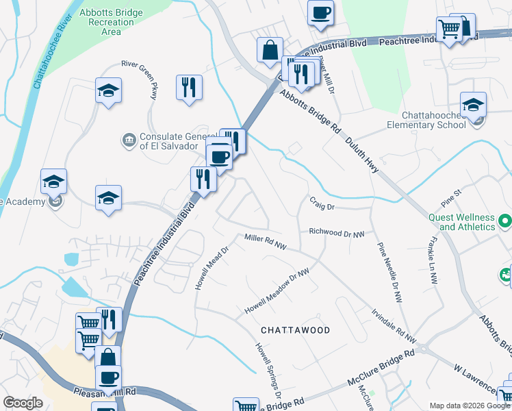 map of restaurants, bars, coffee shops, grocery stores, and more near 4020 River Green Parkway in Duluth