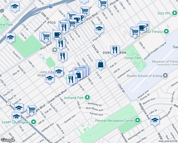 map of restaurants, bars, coffee shops, grocery stores, and more near 2601 20th Street in Santa Monica