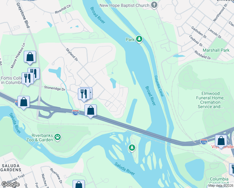 map of restaurants, bars, coffee shops, grocery stores, and more near 2076 Watermark Place in Columbia