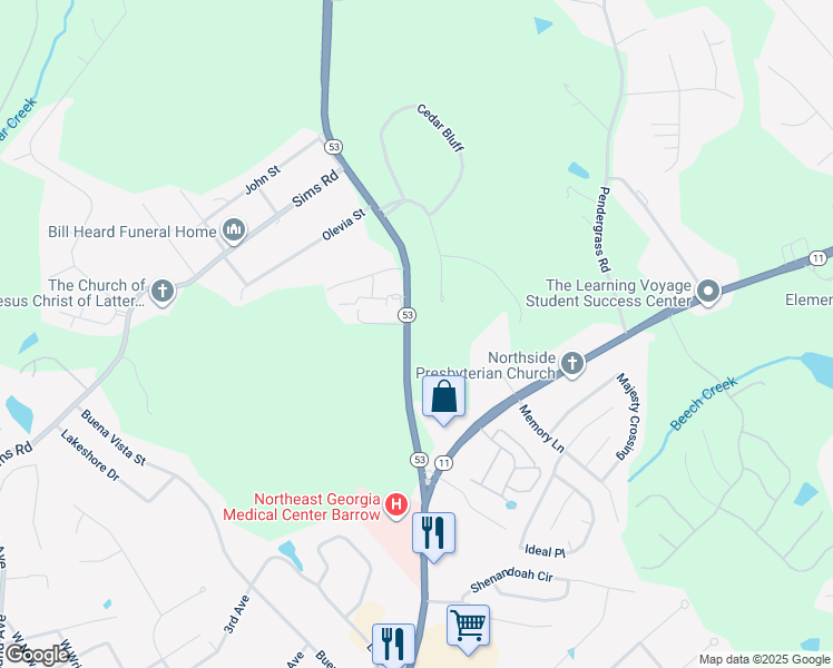 map of restaurants, bars, coffee shops, grocery stores, and more near 479 Gainesville Highway in Winder