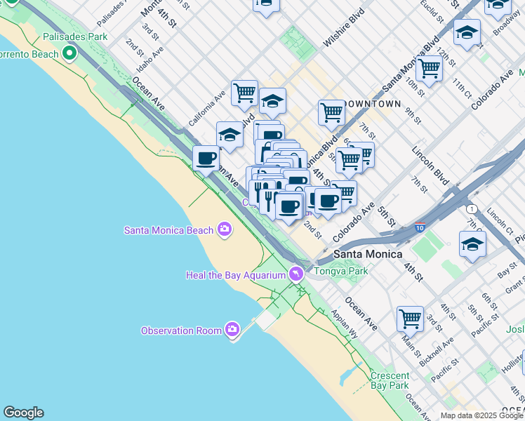 map of restaurants, bars, coffee shops, grocery stores, and more near Santa Monica Blvd & Ocean Ave in Santa Monica