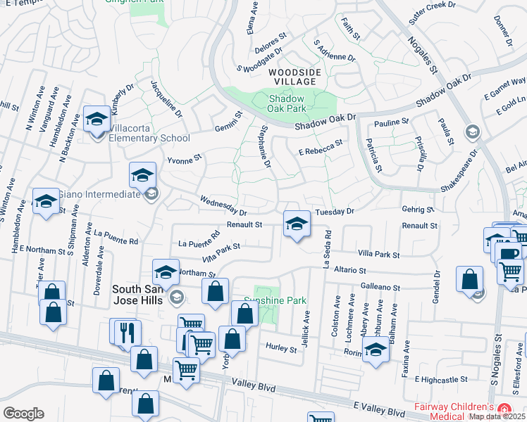 map of restaurants, bars, coffee shops, grocery stores, and more near 2034 Wednesday Drive in West Covina