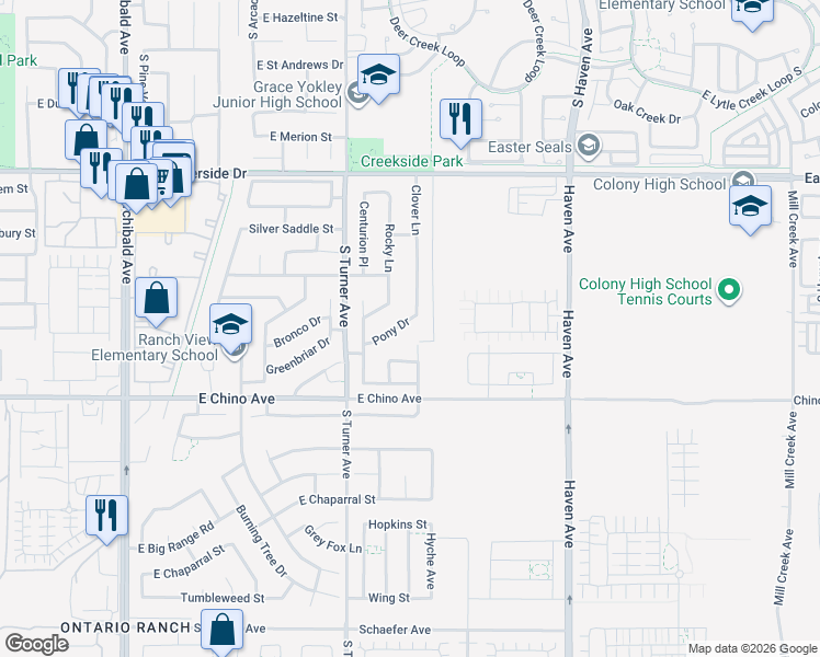 map of restaurants, bars, coffee shops, grocery stores, and more near 3268 Pony Dr in Ontario