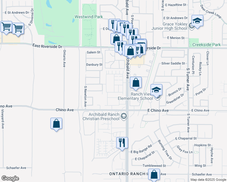 map of restaurants, bars, coffee shops, grocery stores, and more near 3260 Sprout Paseo in Ontario