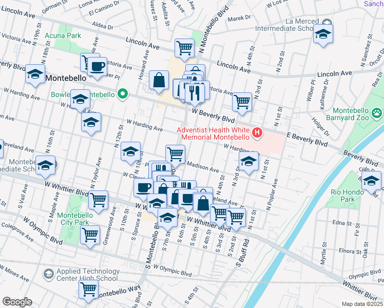 map of restaurants, bars, coffee shops, grocery stores, and more near 316 North 7th Street in Montebello