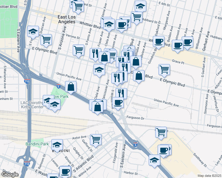 map of restaurants, bars, coffee shops, grocery stores, and more near 1309 South Woods Avenue in East Los Angeles