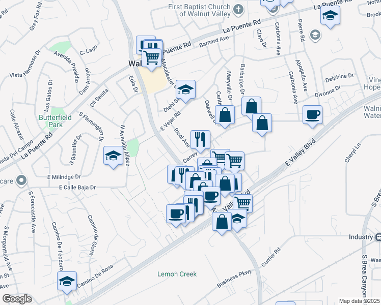 map of restaurants, bars, coffee shops, grocery stores, and more near 20222 Fuero Drive in Walnut