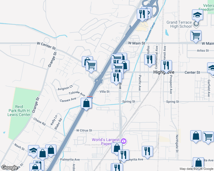 map of restaurants, bars, coffee shops, grocery stores, and more near 421 Devener Street in Riverside