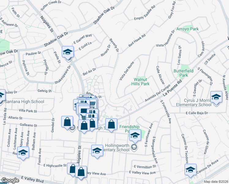 map of restaurants, bars, coffee shops, grocery stores, and more near 329 Vista Del Norte in Walnut