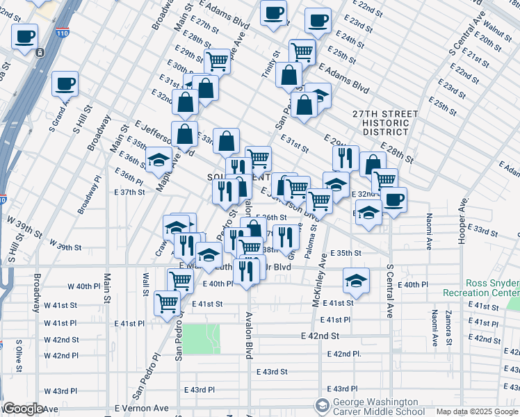 map of restaurants, bars, coffee shops, grocery stores, and more near 614 East 35th Street in Los Angeles