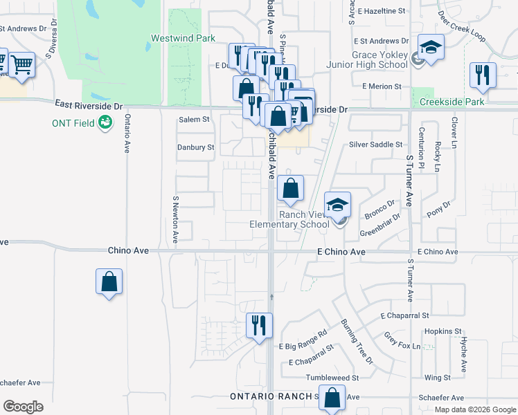 map of restaurants, bars, coffee shops, grocery stores, and more near 3303 South Archibald Avenue in Ontario