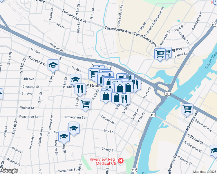 map of restaurants, bars, coffee shops, grocery stores, and more near 533 East Broad Street in Gadsden