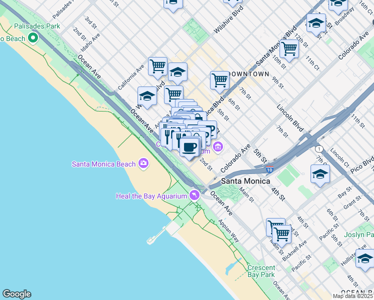 map of restaurants, bars, coffee shops, grocery stores, and more near 1431 Ocean Avenue in Santa Monica