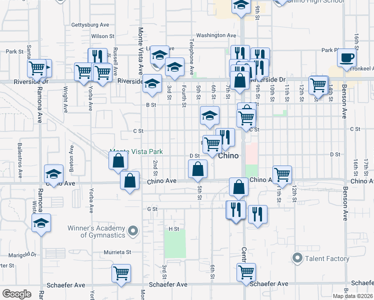 map of restaurants, bars, coffee shops, grocery stores, and more near 13171 4th Street in Chino