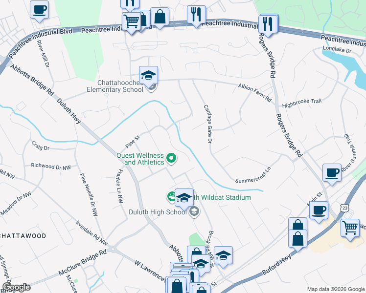 map of restaurants, bars, coffee shops, grocery stores, and more near 2845 Pine Street in Duluth