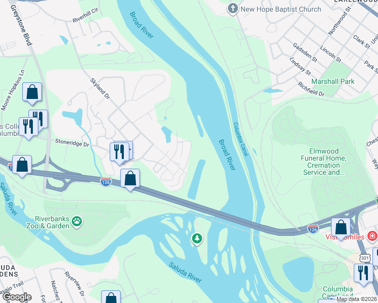 map of restaurants, bars, coffee shops, grocery stores, and more near 2076 Watermark Place in Columbia