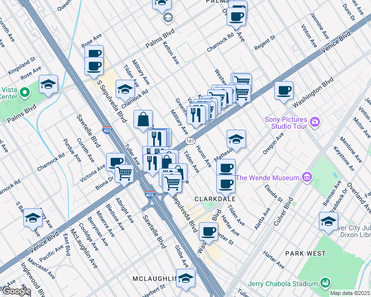 map of restaurants, bars, coffee shops, grocery stores, and more near 11028 Venice Boulevard in Culver City