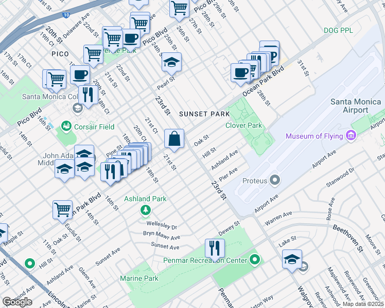map of restaurants, bars, coffee shops, grocery stores, and more near 2224 Hill Place North in Santa Monica