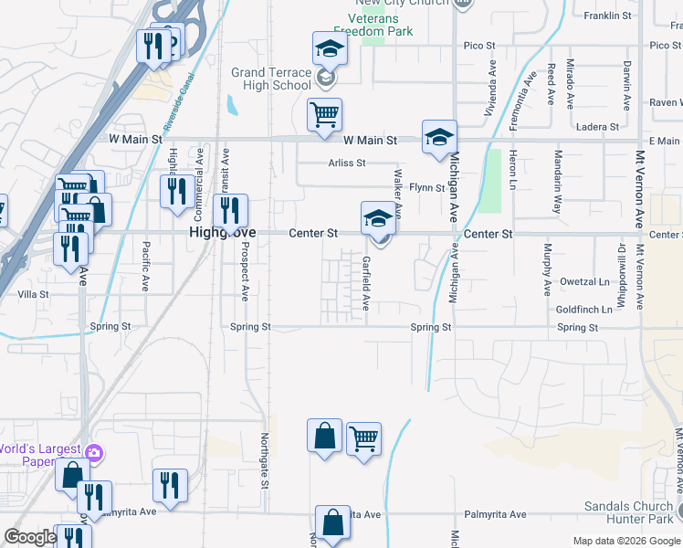 map of restaurants, bars, coffee shops, grocery stores, and more near 7222 Olive Grove Street in Riverside