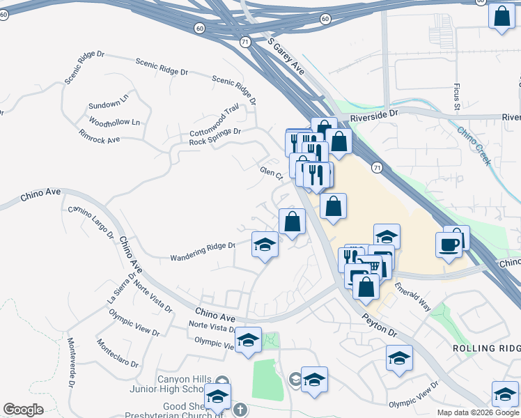 map of restaurants, bars, coffee shops, grocery stores, and more near 2606 Lookout Circle in Chino Hills