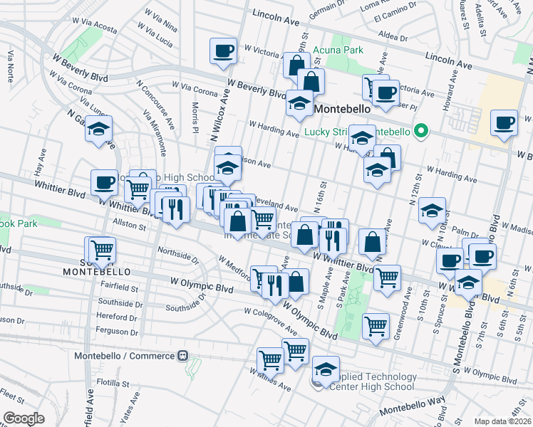 map of restaurants, bars, coffee shops, grocery stores, and more near 136 North 19th Street in Montebello