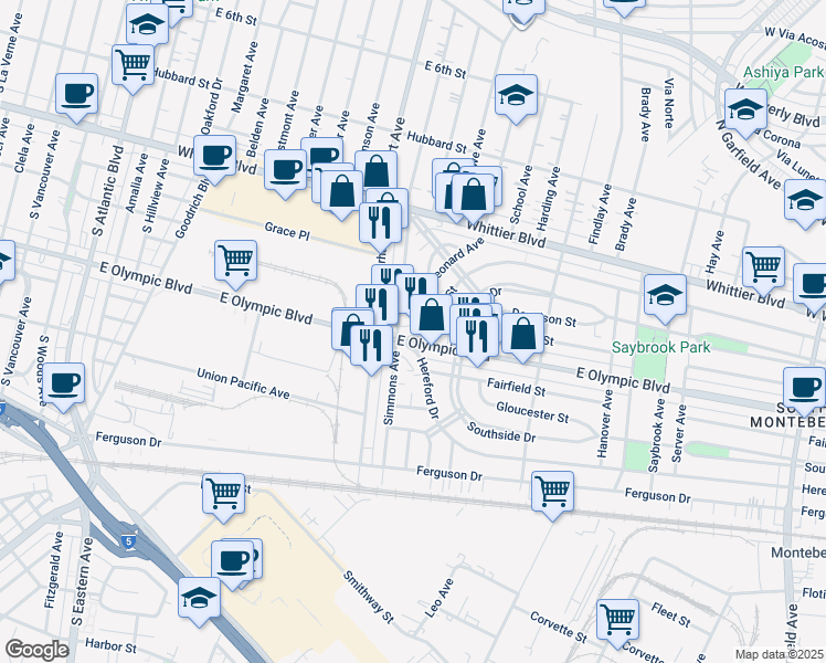 map of restaurants, bars, coffee shops, grocery stores, and more near 5815 East Olympic Boulevard in East Los Angeles