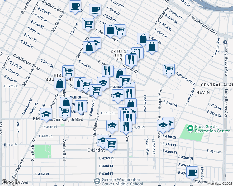 map of restaurants, bars, coffee shops, grocery stores, and more near 985 East 33rd Street in Los Angeles