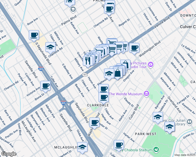 map of restaurants, bars, coffee shops, grocery stores, and more near 3864 Prospect Avenue in Culver City