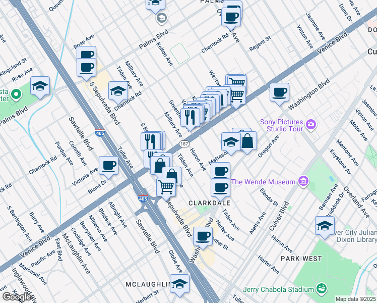 map of restaurants, bars, coffee shops, grocery stores, and more near 3836 Huron Avenue in Culver City