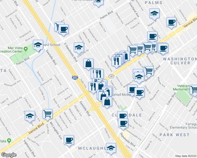 map of restaurants, bars, coffee shops, grocery stores, and more near 11103 Venice Boulevard in Los Angeles