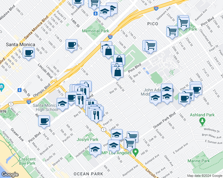 map of restaurants, bars, coffee shops, grocery stores, and more near 1208 Bay Street in Santa Monica
