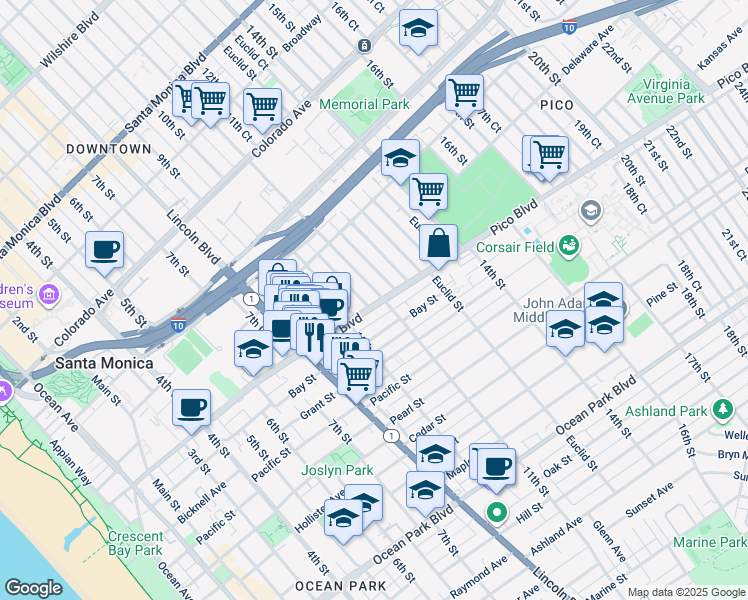 map of restaurants, bars, coffee shops, grocery stores, and more near 1013 Pico Boulevard in Santa Monica