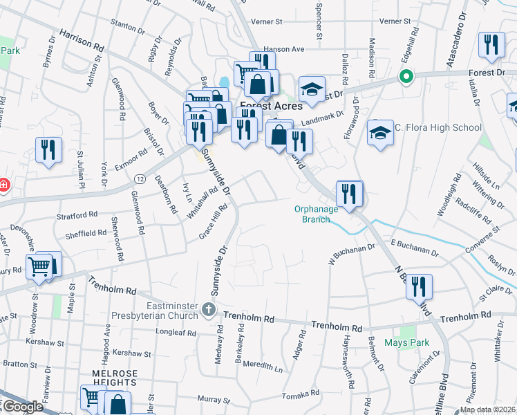 map of restaurants, bars, coffee shops, grocery stores, and more near 3228 Brookwood Court in Columbia