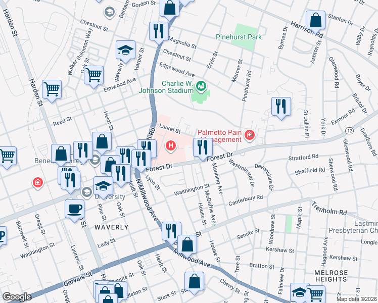 map of restaurants, bars, coffee shops, grocery stores, and more near 2451 Forest Drive in Columbia