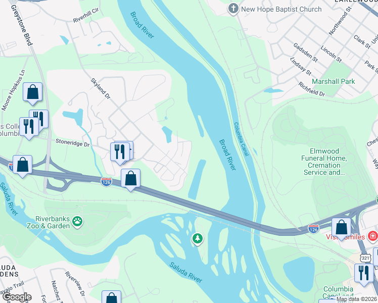 map of restaurants, bars, coffee shops, grocery stores, and more near 2076 Watermark Place in Columbia